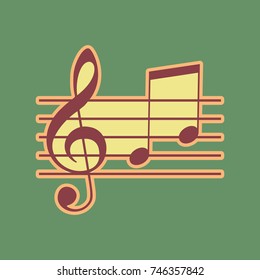 Music violin clef sign. G-clef and notes G, H. Vector. Cordovan icon and mellow apricot halo with light khaki filled space at russian green background.