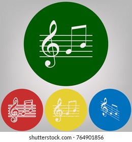 Music violin clef sign. G-clef and notes G, H. Vector. 4 white styles of icon at 4 colored circles on light gray background.