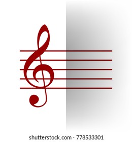 Music violin clef sign. G-clef. Vector. Bordo icon on white bending paper background.
