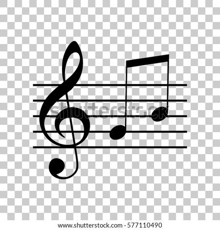 Music violin clef sign. G-clef and notes G, H. Black icon on tra