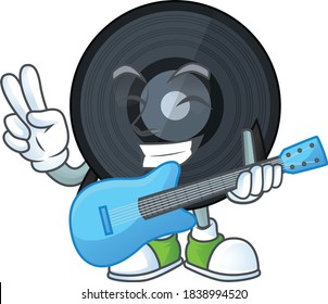 Music viynl disc cartoon character style plays music with a guitar. Vector illustration