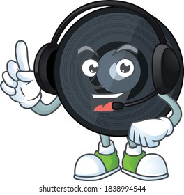 Music viynl disc cartoon character style speaking with friends on headphone. Vector illustration