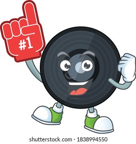 Music viynl disc Cartoon character design style with a red foam finger. Vector illustration