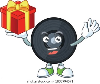 Music viynl disc cartoon mascot concept design with a red box of gift. Vector illustration