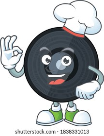 Music viynl disc chef cartoon drawing concept proudly wearing white hat. Vector illustration