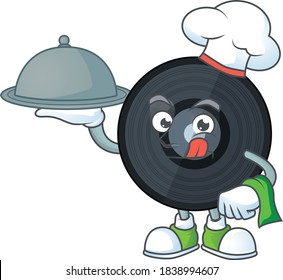 A music viynl disc chef cartoon mascot design with hat and tray. Vector illustration