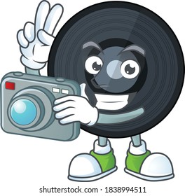 Music viynl disc photographer mascot design taking a picture with a camera. Vector illustration