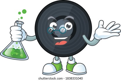 Music viynl disc smart Professor Cartoon character holding glass tube on the lab. Vector illustration