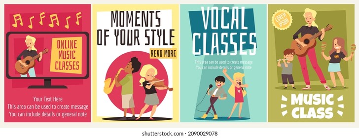 Music and vocal classes for children, set of posters - flat vector illustration. Kids playing violin and saxophone with teacher. Online music school advertisement or vertical banner.