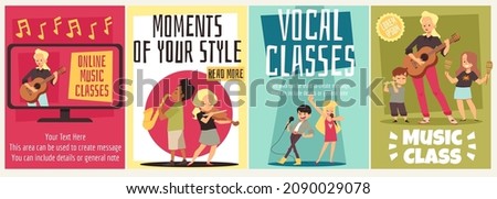 Music and vocal classes for children, set of posters - flat vector illustration. Kids playing violin and saxophone with teacher. Online music school advertisement or vertical banner.