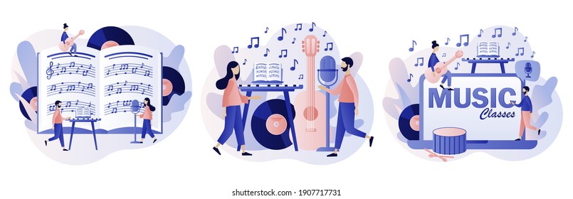 Music and vocal lessons. Online education. Tiny musicians with music notebook, microphone, guitar, keyboard, drum. Modern flat cartoon style. Vector illustration on white background