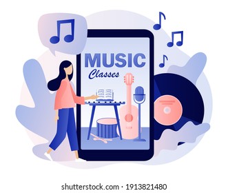 Music and vocal lessons. Online education. Tiny girl musician with big smartphone music notebook, microphone, guitar, keyboard, drum. Modern flat cartoon style. Vector illustration on white background