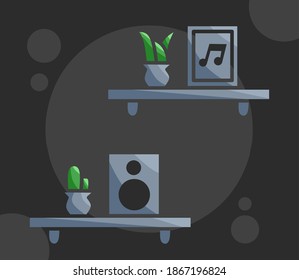 estante de pared musical, ilustración de estante de pared vector con plantas decorativas, altavoz, pintura con logo musical, ilustración de pared de decoración musical, músico, remezclador.  Diseño moderno minimalista