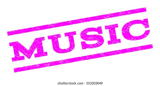 Music watermark stamp. Text caption between parallel lines with grunge design style. Rubber seal stamp with scratched texture. Vector magenta color ink imprint on a white background.