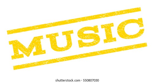 Music watermark stamp. Text tag between parallel lines with grunge design style. Rubber seal stamp with scratched texture. Vector yellow color ink imprint on a white background.
