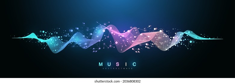 Music wave flow poster design with lines and dots. Sound flyer with abstract gradient line waves. Music abstract background. Vector concept