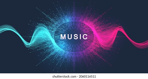 Music wave flow poster design with lines and dots. Sound flyer with abstract gradient line waves. Music abstract background. Vector concept