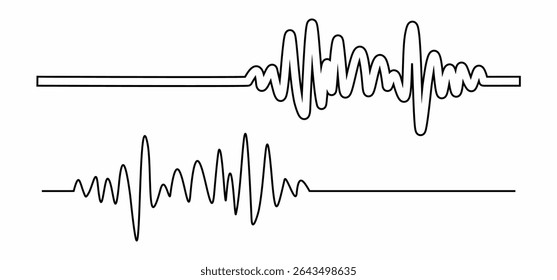 Music wave line sound one noise icon audio frequency signal podcast radio sound wave volume hand art. Acoustic line music logo record sound wave doodle sketch abstract. Vector illustration