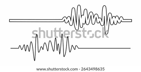 Music wave line sound one noise icon audio frequency signal podcast radio sound wave volume hand art. Acoustic line music logo record sound wave doodle sketch abstract. Vector illustration