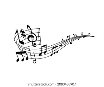 Music wave of musical staff, notes, sharp key, treble clef and bar lines. Vector round swirl with musical notation symbols of classic melody, tune or song, isolated curve of sheet music for piano