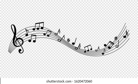 Music wave with notes. Musical swirling line. Isolated sound art vector illustration