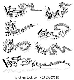 Music wave with notes and treble clef symbols on staff lines vector. Melody and sound flow, sound harmony and party motion concept. Musical notes notations curved and swirled on white background