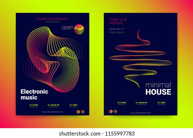 Music Wave Poster. Abstract Background with Distorted Lines, Round and Gradient. Party Flyer. Bright Modern Style. Sound Night Club Poster. Vector Illustration. Minimal Poster for Summer Dj Festival.