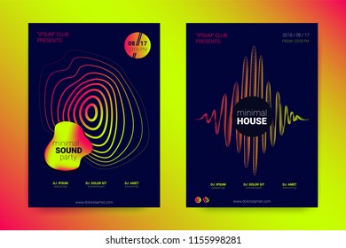 Music Wave Poster. Abstract Background with Distorted Lines, Round and Gradient. Party Flyer. Bright Modern Style. Sound Night Club Poster. Vector Illustration. Minimal Poster for Summer Dj Festival.