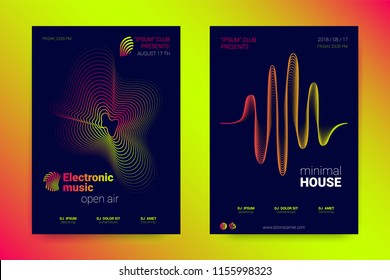 Music Wave Poster. Abstract Background with Distorted Lines, Round and Gradient. Party Music Flyer in Modern Style. Sound Fest in Night Club. Vector Illustration. Electronic Music Cover with Stripes.