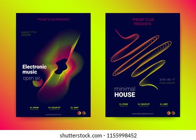 Music Wave Poster. Abstract Background with Distorted Lines, Round and Gradient. Party Music Flyer in Modern Style. Sound Fest in Night Club. Vector Illustration. Electronic Music Cover with Stripes.