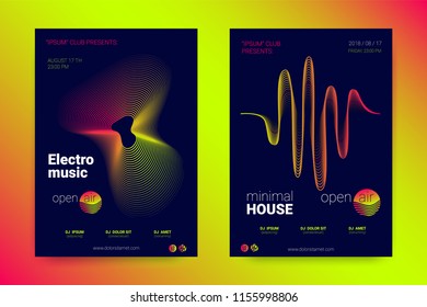 Music Wave Poster. Abstract Background with Distorted Lines, Round and Gradient. Party Music Flyer in Modern Style. Sound Fest in Night Club. Vector Illustration. Electronic Music Cover with Stripes.