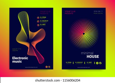 Music Wave Poster. Abstract Background with Distorted Lines, Round and Gradient. Party Flyer. Bright Modern Style. Sound Night Club Poster. Vector Illustration. Minimal Poster for Summer Dj Festival.