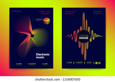 Music Wave Poster. Abstract Background with Distorted Lines, Round and Gradient. Party Music Flyer in Modern Style. Sound Fest in Night Club. Vector Illustration. Electronic Music Cover with Stripes.