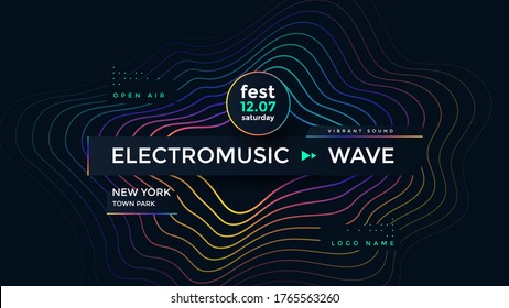 Music wave poster design. Electronic Sound flyer with abstract gradient line waves.