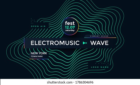 Music wave poster design. Electronic Sound flyer with abstract gradient line waves.