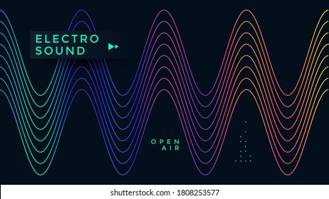 Music wave poster design. Electronic Sound flyer with abstract gradient line waves.