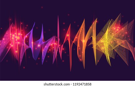 Music wave poster design. Equalizer Speaking Motion Sound Wave Abstract Flowing Energy Particles, wave of blurred lights. Sound flyer with abstract gradient line waves. Vector illustration
