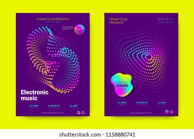 Music Wave Poster. Party Flyer in Modern Style. Abstract Music Background with Distortion of Lines, Rounds. Sound Fest in Night Club. Vector Illustration. Electronic Music Cover with Gradient Stripes.