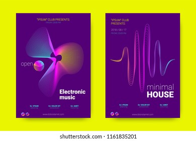 Music Wave Poster. Party Flyer in Modern Style. Abstract Music Background with Distortion of Lines, Rounds. Sound Fest in Night Club. Vector Illustration. Electronic Music Cover with Gradient Stripes.