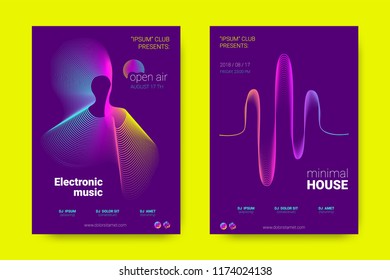 Music Wave Poster. Party Flyer in Modern Style. Abstract Music Background with Distortion of Lines, Rounds. Sound Fest in Night Club. Vector Illustration. Electronic Music Cover with Gradient Stripes.