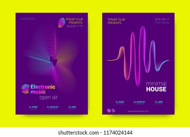 Music Wave Poster. Party Flyer in Modern Style. Abstract Music Background with Distortion of Lines, Rounds. Sound Fest in Night Club. Vector Illustration. Electronic Music Cover with Gradient Stripes.