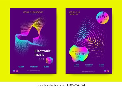 Music Wave Poster. Party Flyer in Modern Style. Abstract Music Background with Distortion of Lines, Rounds. Sound Fest in Night Club. Vector Illustration. Electronic Music Cover with Gradient Stripes.