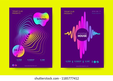 Music Wave Poster. Party Flyer in Modern Style. Abstract Music Background with Distortion of Lines, Rounds. Sound Fest in Night Club. Vector Illustration. Electronic Music Cover with Gradient Stripes.