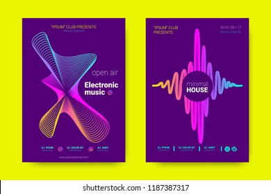 Music Wave Poster. Party Flyer in Modern Style. Abstract Music Background with Distortion of Lines, Rounds. Sound Fest in Night Club. Vector Illustration. Electronic Music Cover with Gradient Stripes.