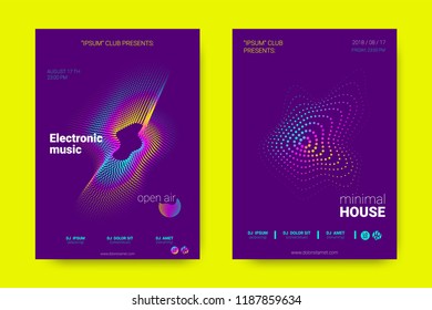 Music Wave Poster. Party Flyer in Modern Style. Abstract Music Background with Distortion of Lines, Rounds. Sound Fest in Night Club. Vector Illustration. Electronic Music Cover with Gradient Stripes.