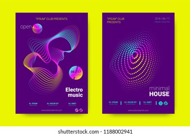 Music Wave Poster. Party Flyer in Modern Style. Abstract Music Background with Distortion of Lines, Rounds. Sound Fest in Night Club. Vector Illustration. Electronic Music Cover with Gradient Stripes.
