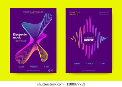 Music Wave Poster. Party Flyer in Modern Style. Abstract Music Background with Distortion of Lines, Rounds. Sound Fest in Night Club. Vector Illustration. Electronic Music Cover with Gradient Stripes.