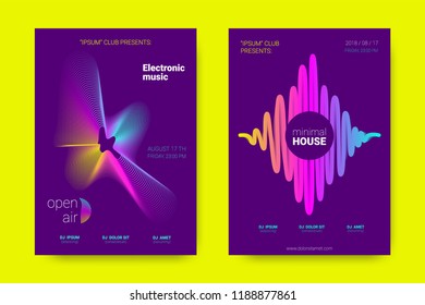 Music Wave Poster. Party Flyer in Modern Style. Abstract Music Background with Distortion of Lines, Rounds. Sound Fest in Night Club. Vector Illustration. Electronic Music Cover with Gradient Stripes.