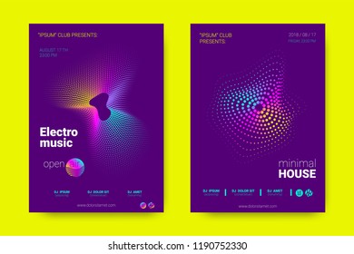 Music Wave Poster. Party Flyer in Modern Style. Abstract Music Background with Distortion of Lines, Rounds. Sound Fest in Night Club. Vector Illustration. Electronic Music Cover with Gradient Stripes.
