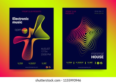 Music Wave Poster. Sound Flyer with Distorted Stripes. Vector Illustration. Abstract Background with Wave Lines, Rounds and Gradient in Modern Style. Electronic Wave Cover. Sound Fest in Night Club.